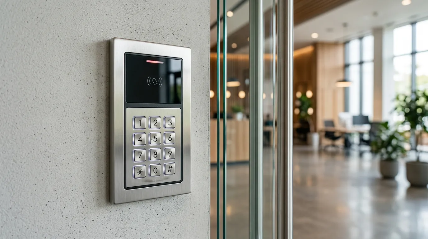 Access control keypad at a commercial building entrance