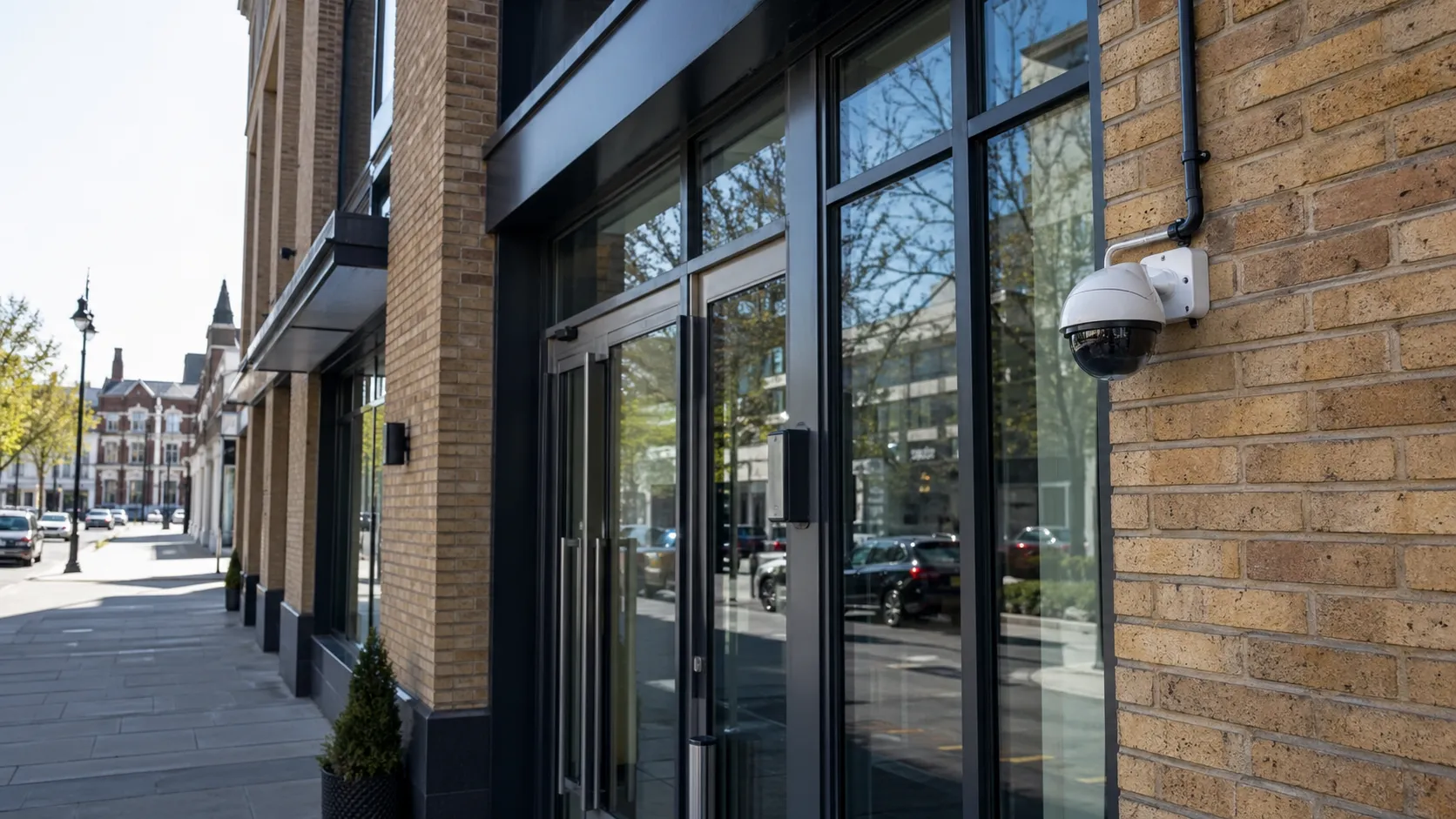 Modern dome CCTV camera mounted on the exterior of a commercial building in a UK high street